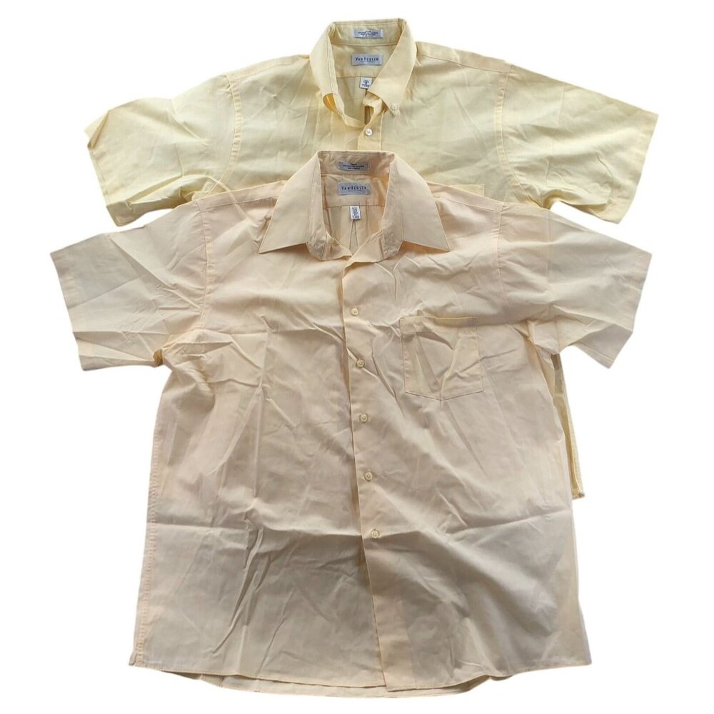 2 Van Heusen Mens Poplin Dress Shirt 17 Neck Lot Of 2 Short Sleeve Yellow Oxford